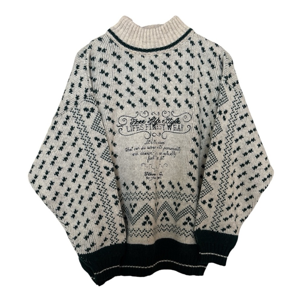 Crew Neck Knit Turtleneck Sweater in Cream & Green